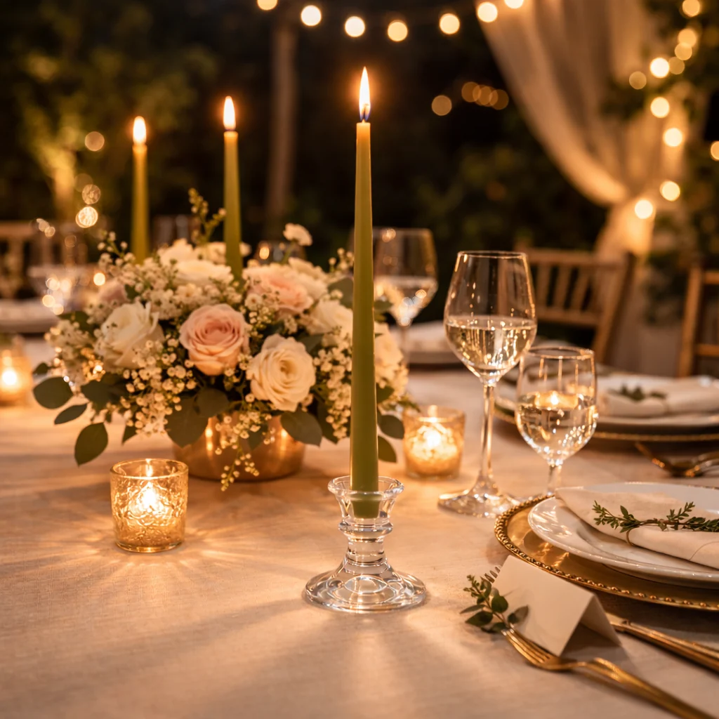 Vela de candelabro verde olivo en mesa elegante