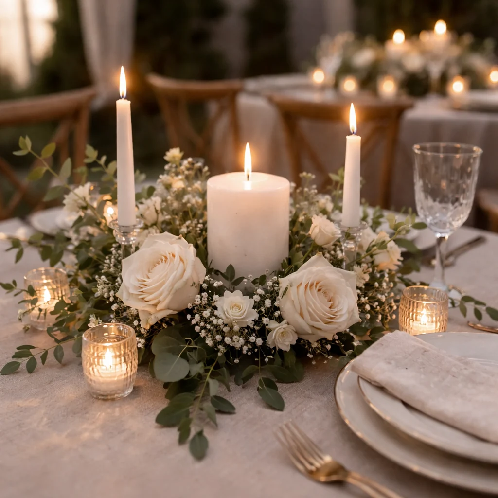Centro de mesa con vela pilar, rosas blancas y velas encendidas