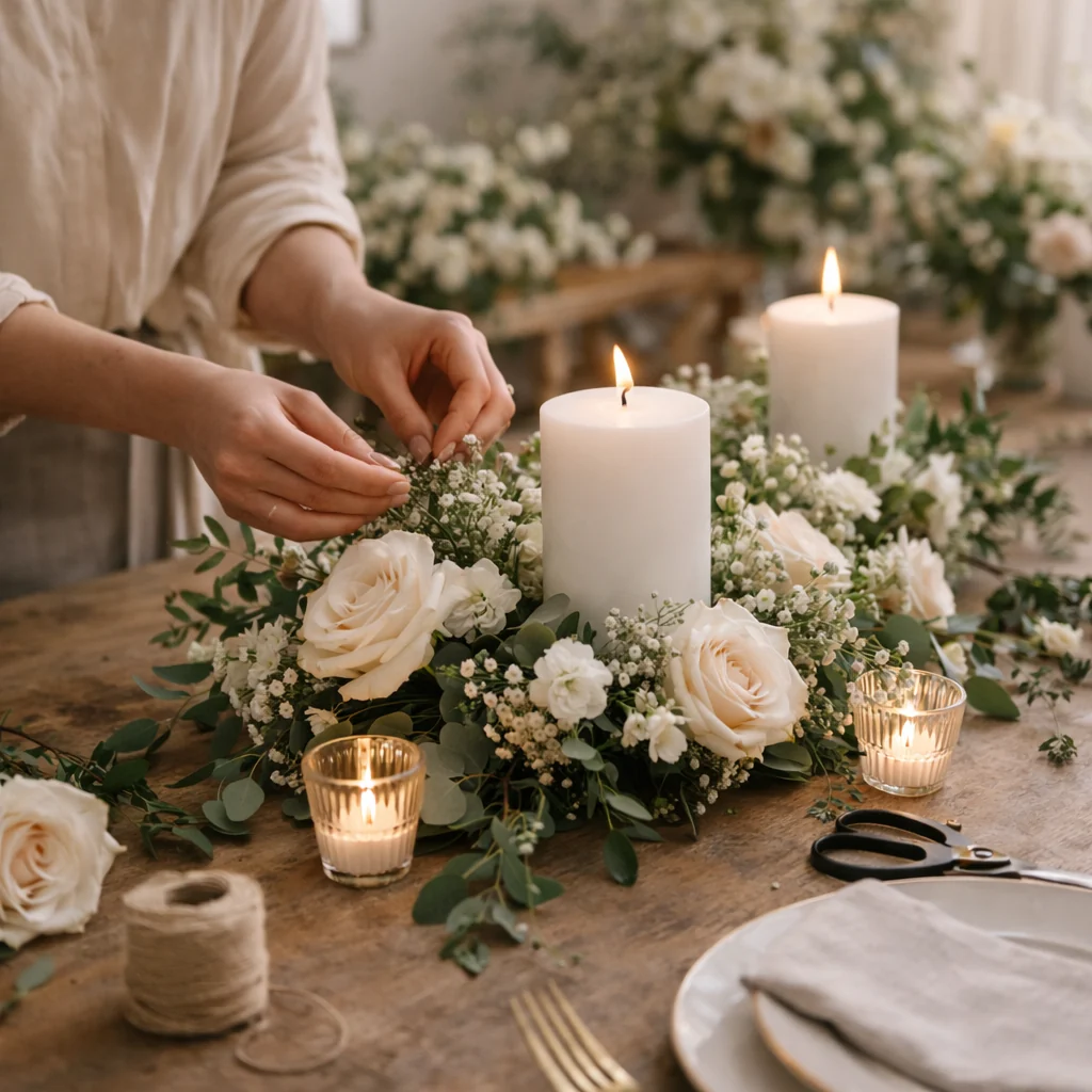 Manos acomodando flores alrededor de velones blancos encendidos