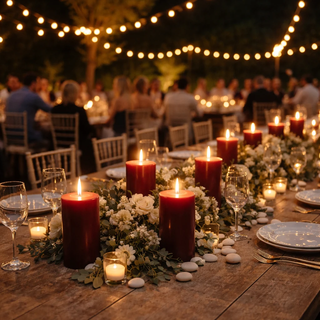 Mesa elegante de evento nocturno con velas rojas encendidas, flores blancas y luces cálidas