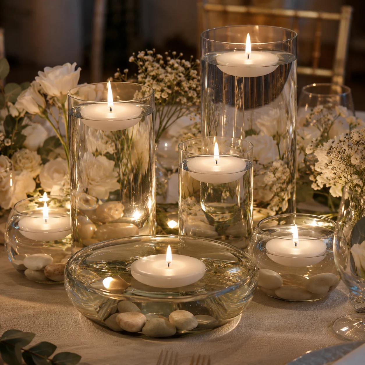 Velas flotantes blancas en cilindros de cristal con piedras decorativas