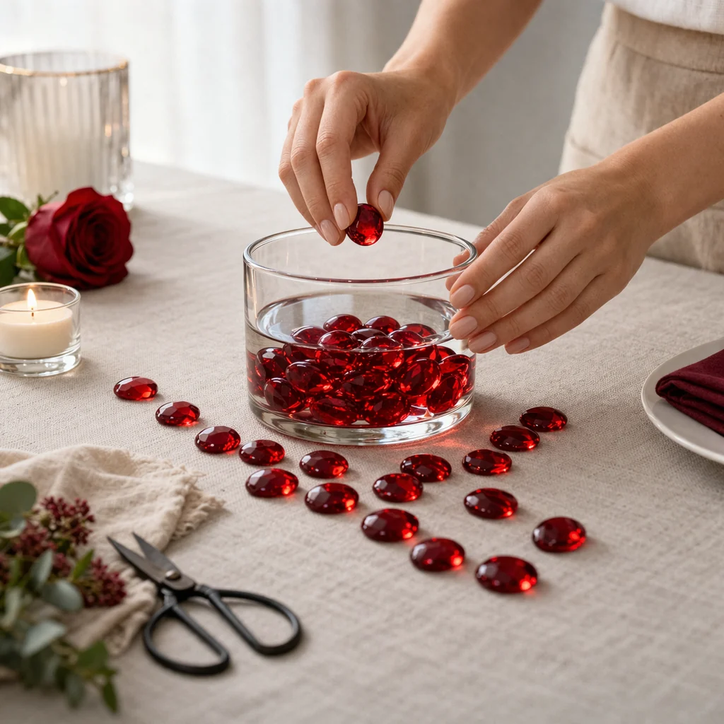 Manos colocando gemas rojas decorativas en recipiente de cristal