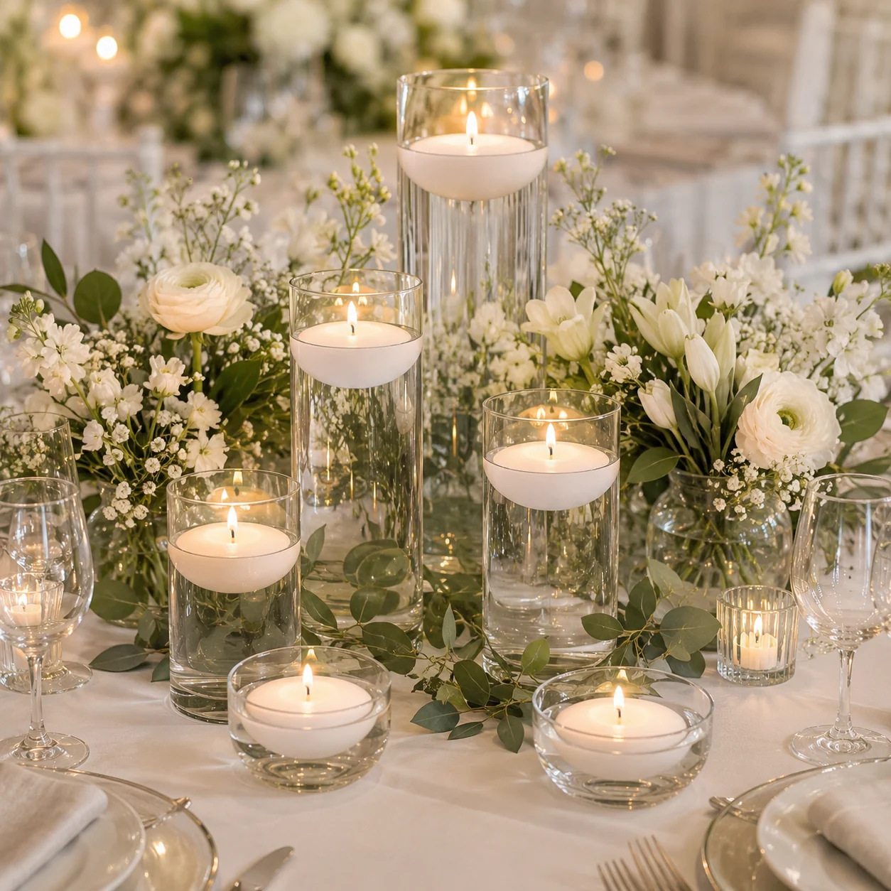 Centro de mesa con velas flotantes, flores blancas y arreglos elegantes