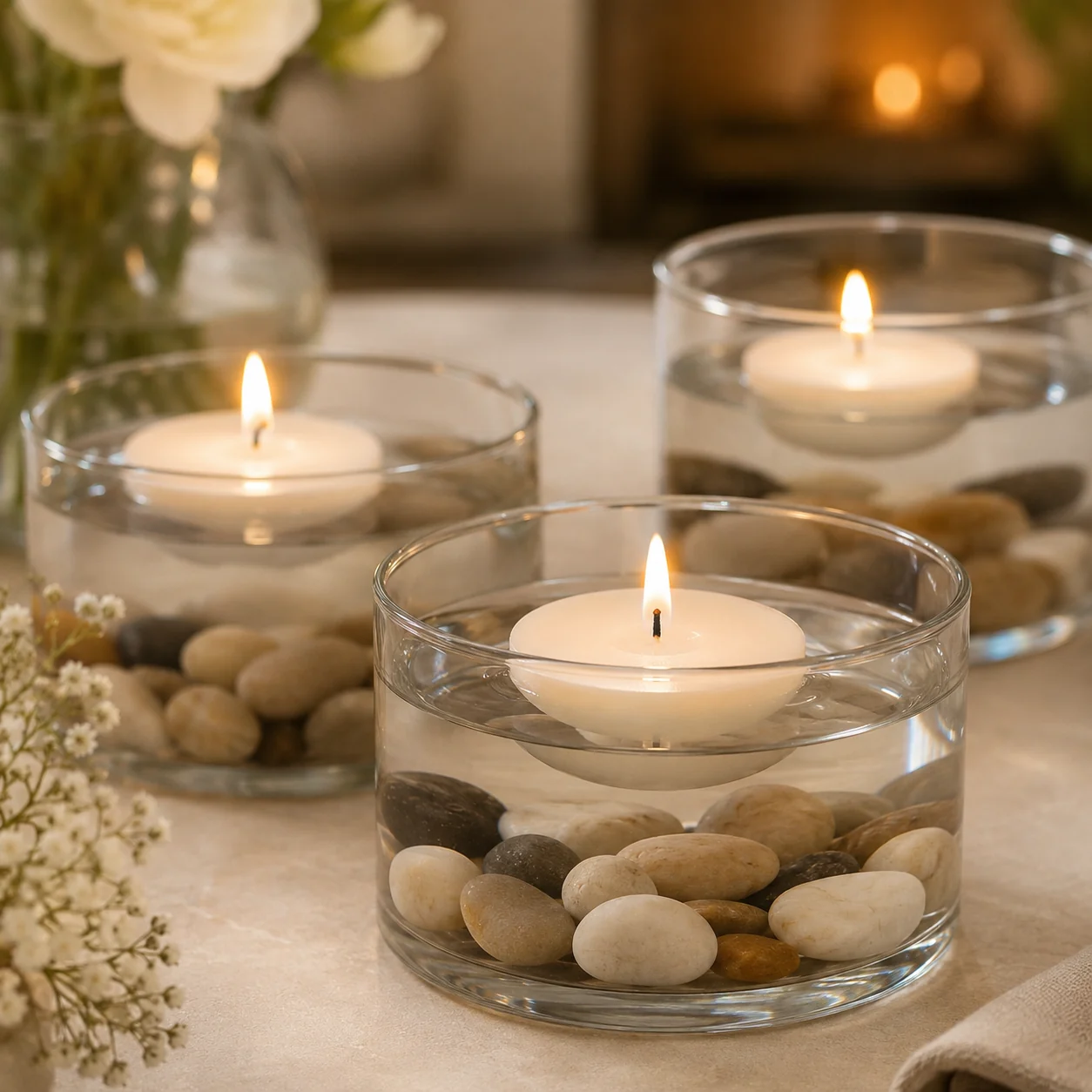 Velas flotantes blancas en cilindros de cristal con piedra decorativa